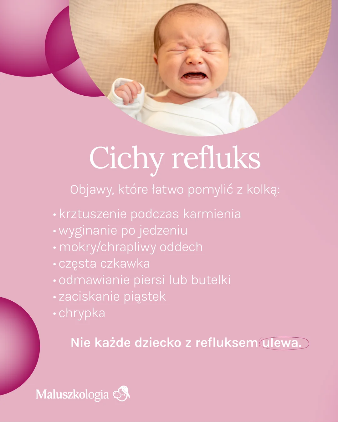 Objawy cichego refluksu u niemowlaka: krztuszenie podczas karmienia, czkawka, chrypka, zaciskanie piąstek